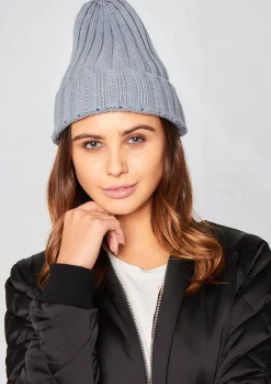 Best Sale Danni Grey Plain Ribbed Beanie Women Hats