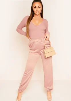 Dara Mocha Ribbed Notch Collar Plunge Bodysuit^Missy Empire Cheap