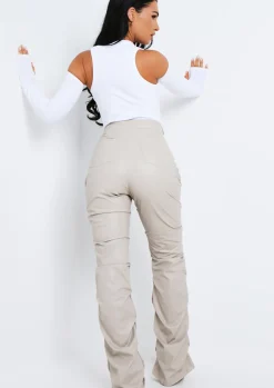 Outlet Darelle Beige High Waisted Ruched Pu Trousers Women Trousers