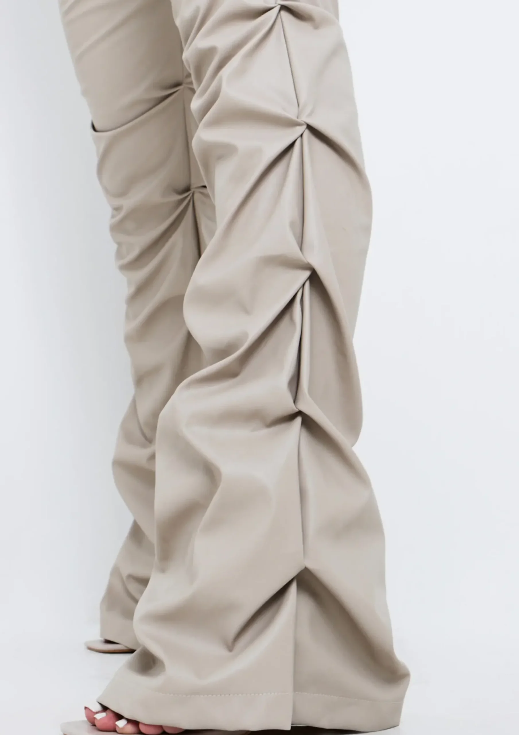 Outlet Darelle Beige High Waisted Ruched Pu Trousers Women Trousers
