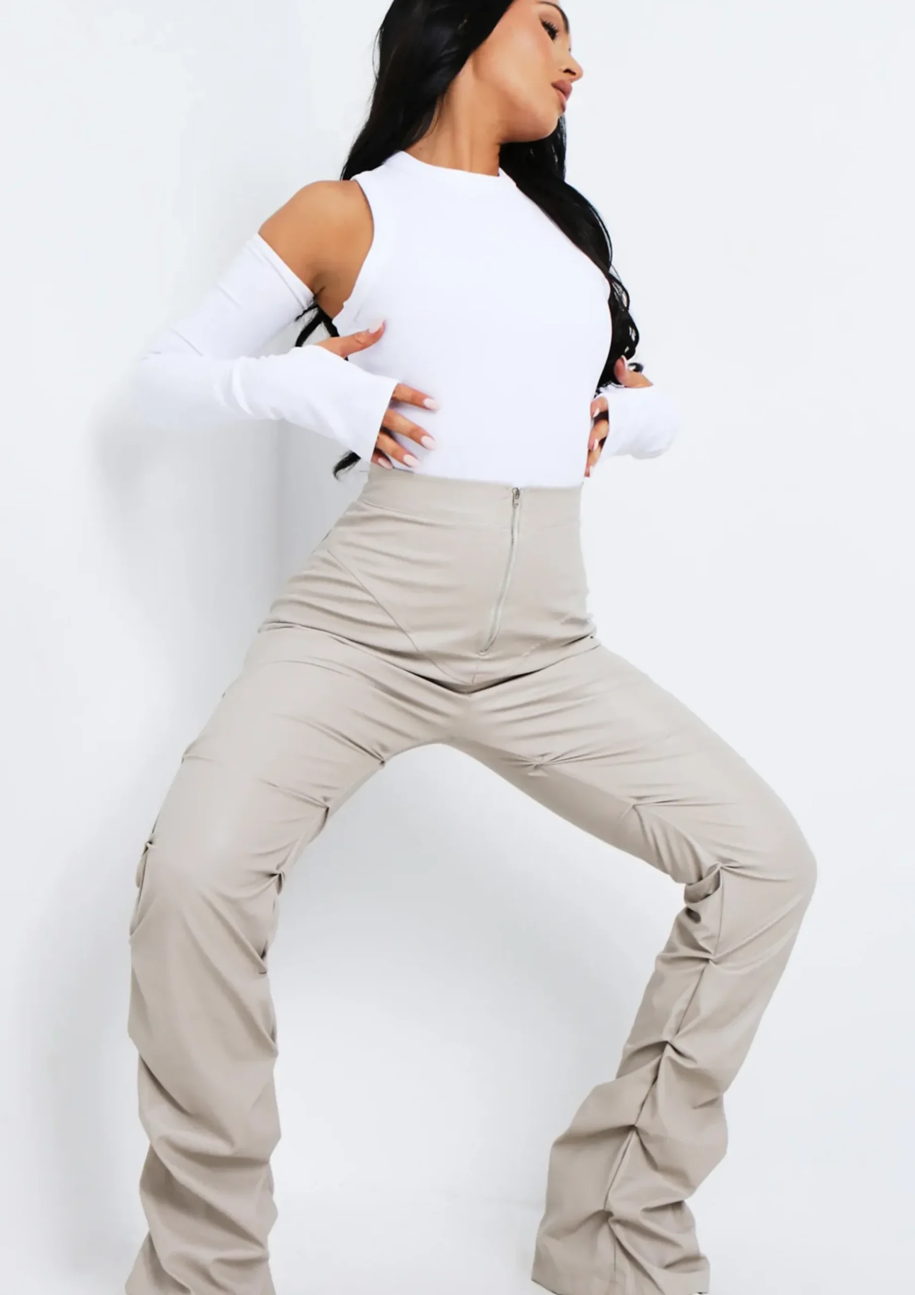Outlet Darelle Beige High Waisted Ruched Pu Trousers Women Trousers