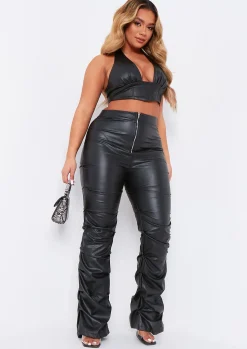 Best Sale Darelle Black High Waisted Ruched Pu Trousers Women Trousers
