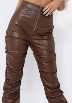 Outlet Darelle Chocolate High Waisted Ruched Pu Trousers Women Trousers