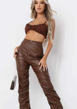Outlet Darelle Chocolate High Waisted Ruched Pu Trousers Women Trousers