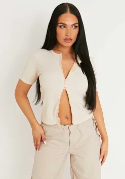 Darva Beige Double Zip Knitted Ribbed Top^Missy Empire Hot