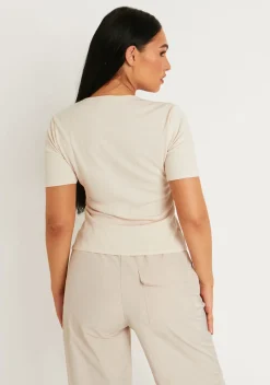 Darva Beige Double Zip Knitted Ribbed Top^Missy Empire Hot