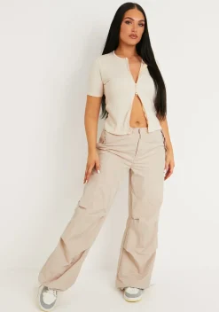 Darva Beige Double Zip Knitted Ribbed Top^Missy Empire Hot