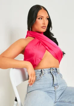 Dayna Pink Wrap Around Halterneck Scarf Top^Missy Empire Best Sale