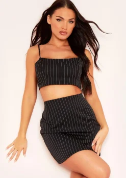 Della Black Pinstripe Strappy Crop Top^Missy Empire Shop