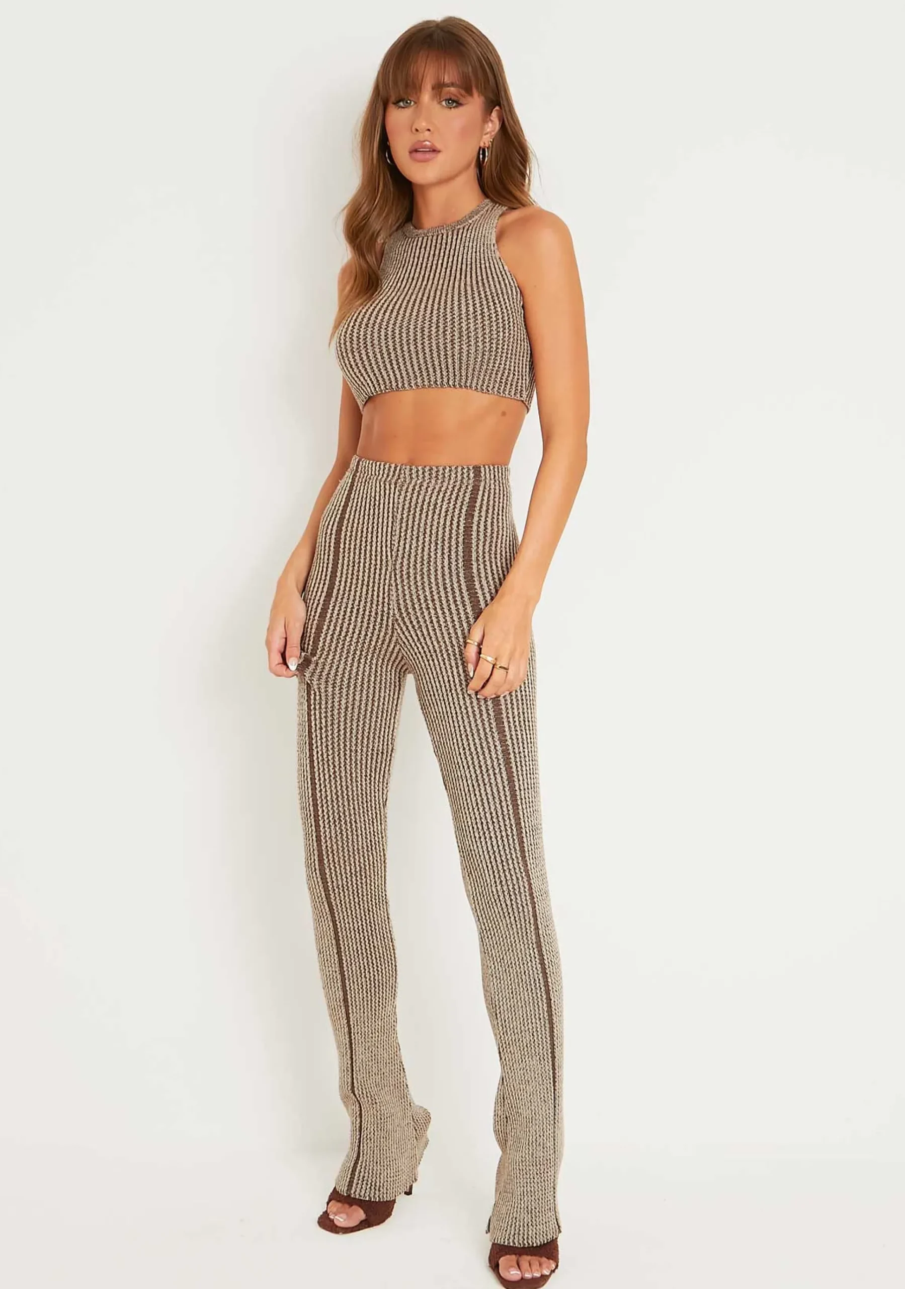 New Demi Brown Contrast Knit Trousers Women Trousers