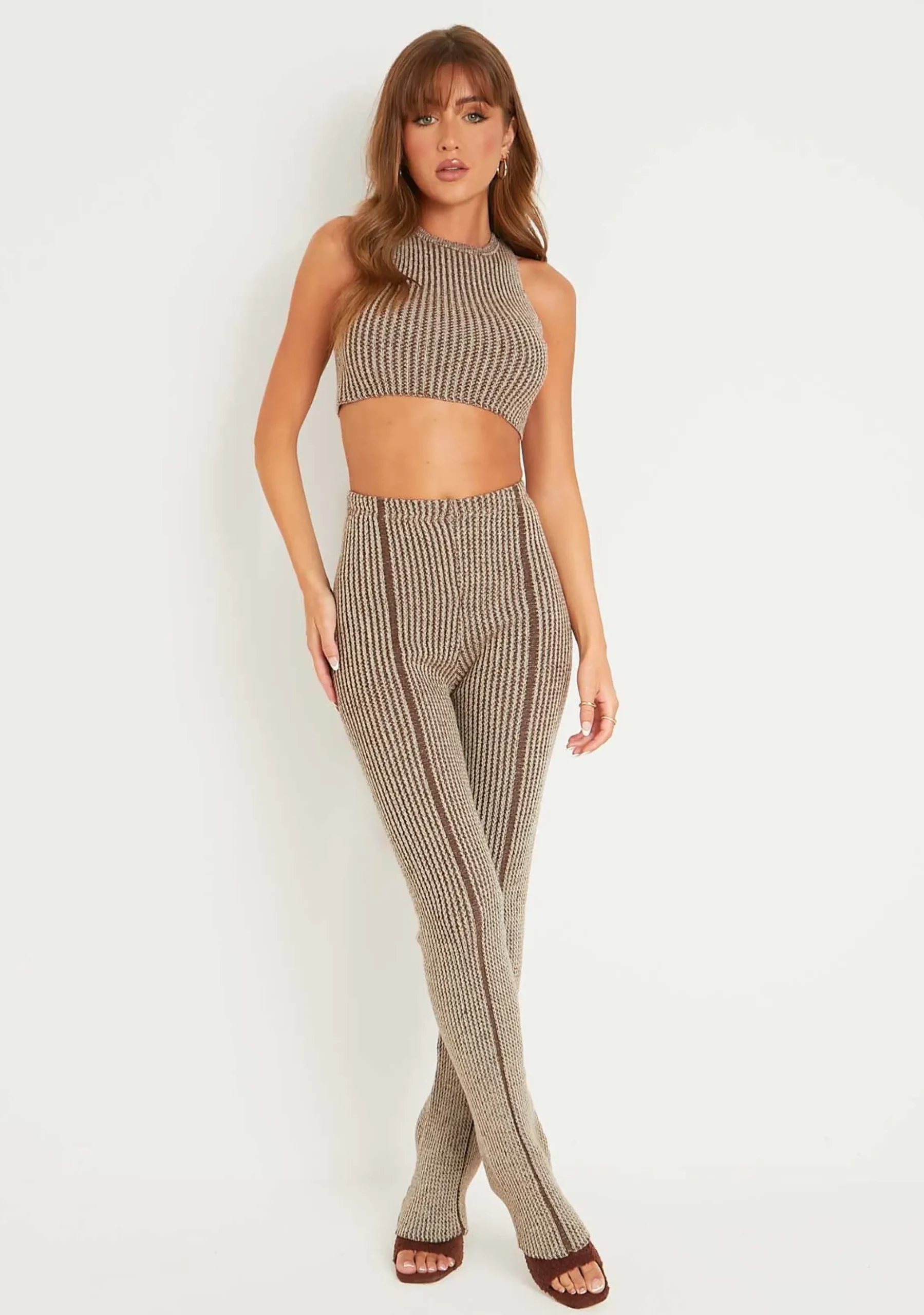 New Demi Brown Contrast Knit Trousers Women Trousers