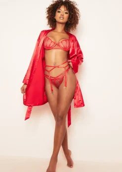 Sale Demi Red Satin Tie Waist Robe Women Nightwear