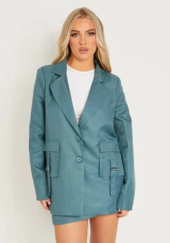 Demi Teal Cargo Pocket Blazer^Missy Empire Hot