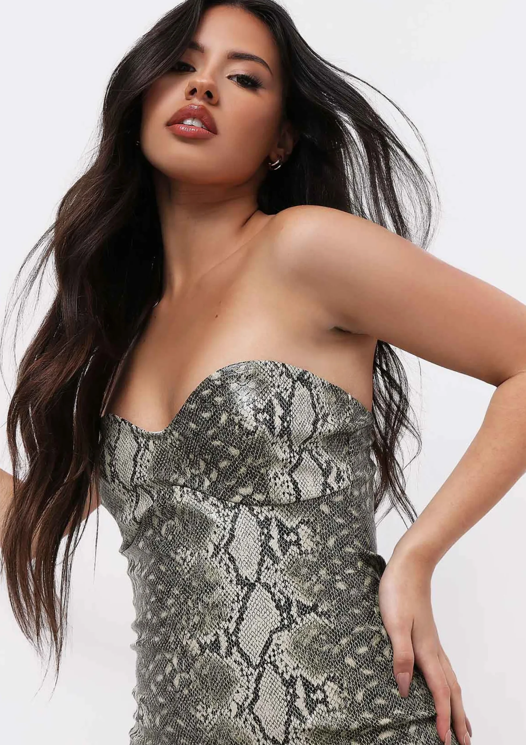 Clearance Diablo Green Vegan Leather Snake Print Cupped Mini Dress Women Dresses