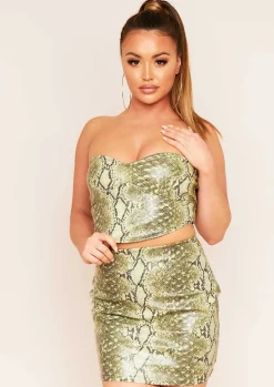 Dianah Green Vegan Leather Snake Print Cupped Crop Top Bralet Corset^Missy Empire New