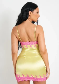 Best Sale Dionne Lime Lace Detail Satin Dress With Slit Women Dresses