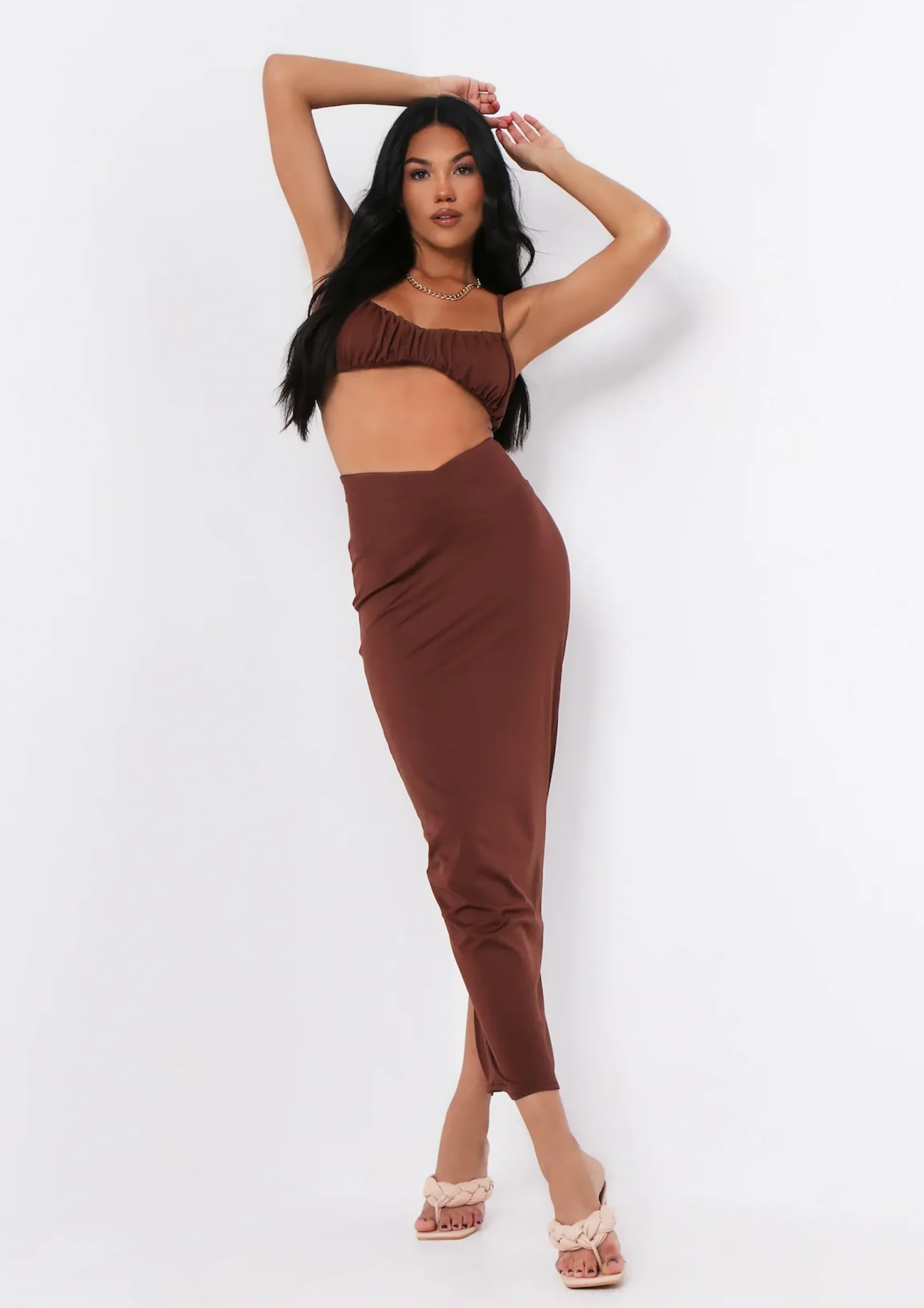 Dulcie Chocolate High Waisted Co-Ord Maxi Skirt^Missy Empire Online
