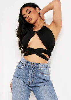 Edith Black Chain Halterneck Wrap Crop Top^Missy Empire Cheap