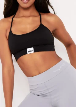 Hot Elena Black Missy Sport Tab Logo Thick Strappy Gym Crop Top Women Activewear