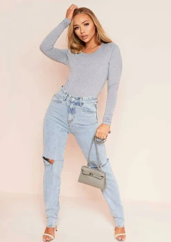 Elena Grey Basic Jersey Crew Neck Bodysuit^Missy Empire Online