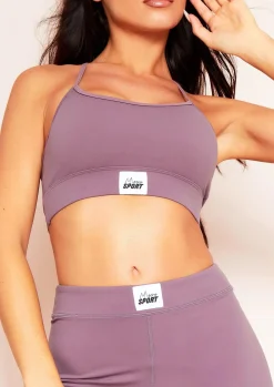 Elena Purple Missy Sport Tab Logo Thick Strappy Gym Crop Top^Missy Empire Flash Sale