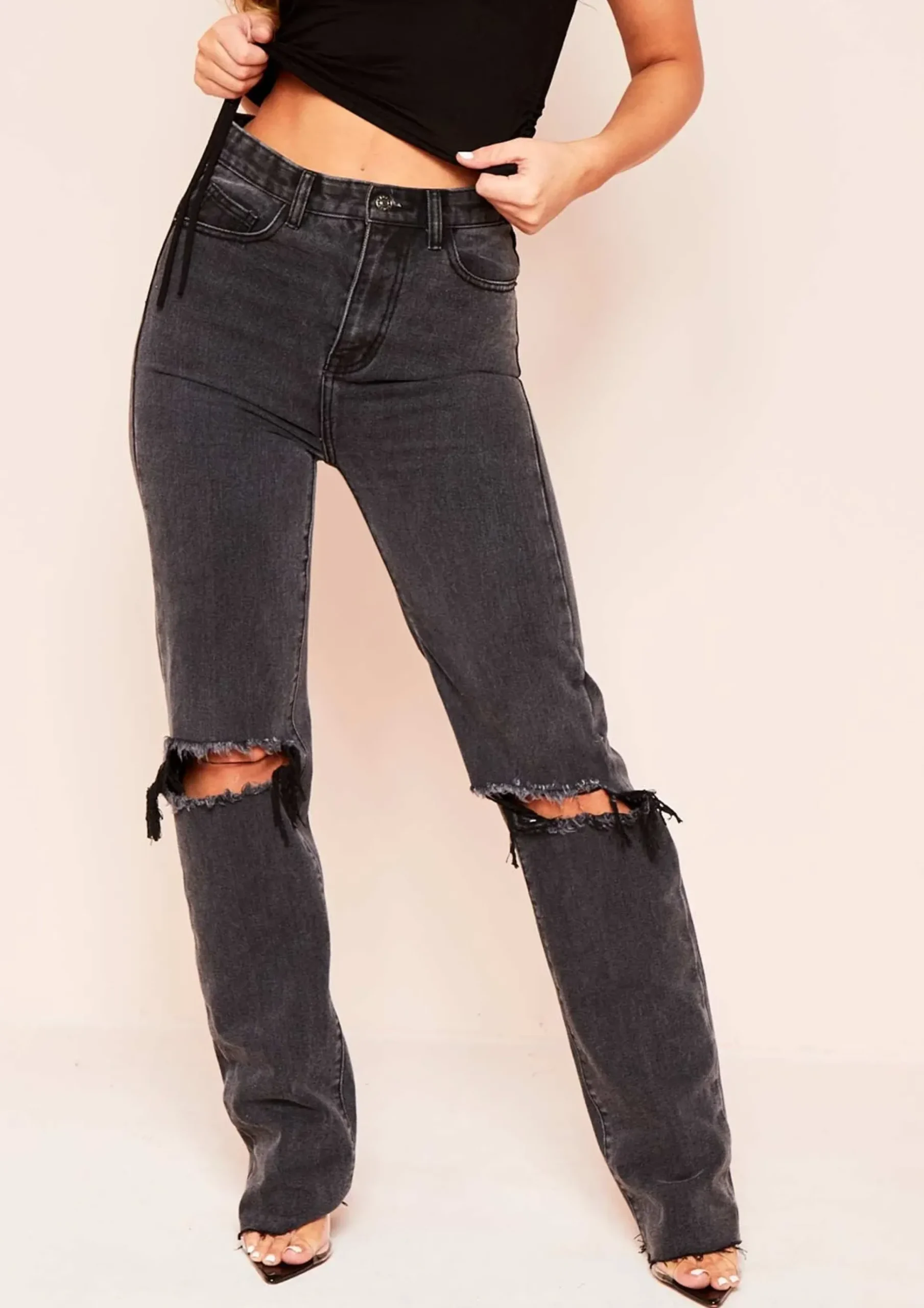 Elif Black Denim Ripped Knee Distressed Hem Straight Leg Jeans^Missy Empire Sale