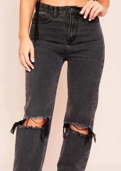 Elif Black Denim Ripped Knee Distressed Hem Straight Leg Jeans^Missy Empire Sale