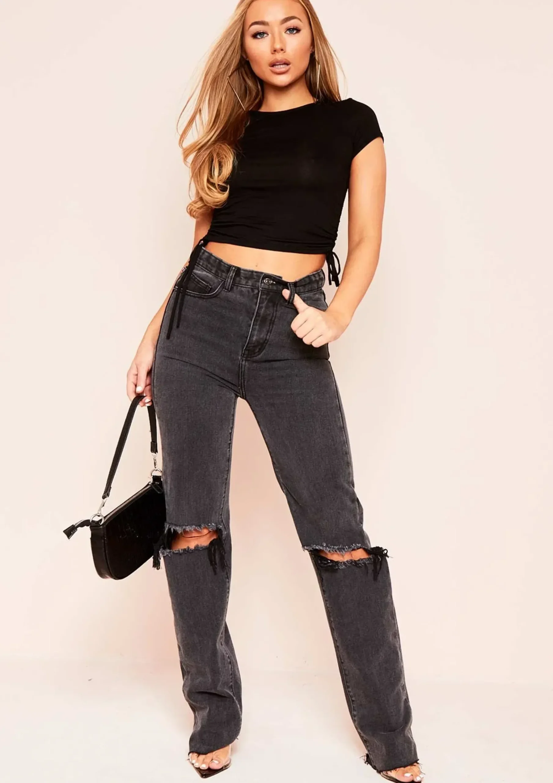 Elif Black Denim Ripped Knee Distressed Hem Straight Leg Jeans^Missy Empire Sale