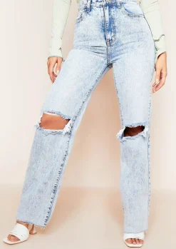 Elif Denim Acid Wash Ripped Knee Distressed Hem Straight Leg Jeans^Missy Empire Online