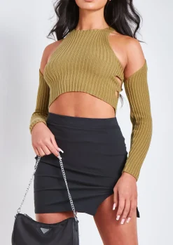 Elissa Khaki Ribbed Knit Crop Cut Out Top With Bolero^Missy Empire Sale