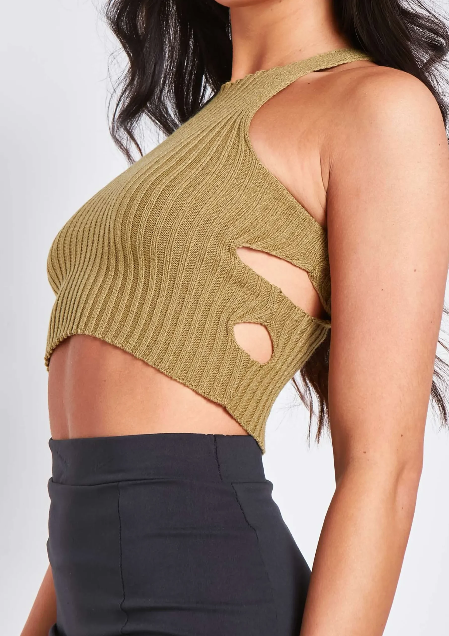 Elissa Khaki Ribbed Knit Crop Cut Out Top With Bolero^Missy Empire Sale