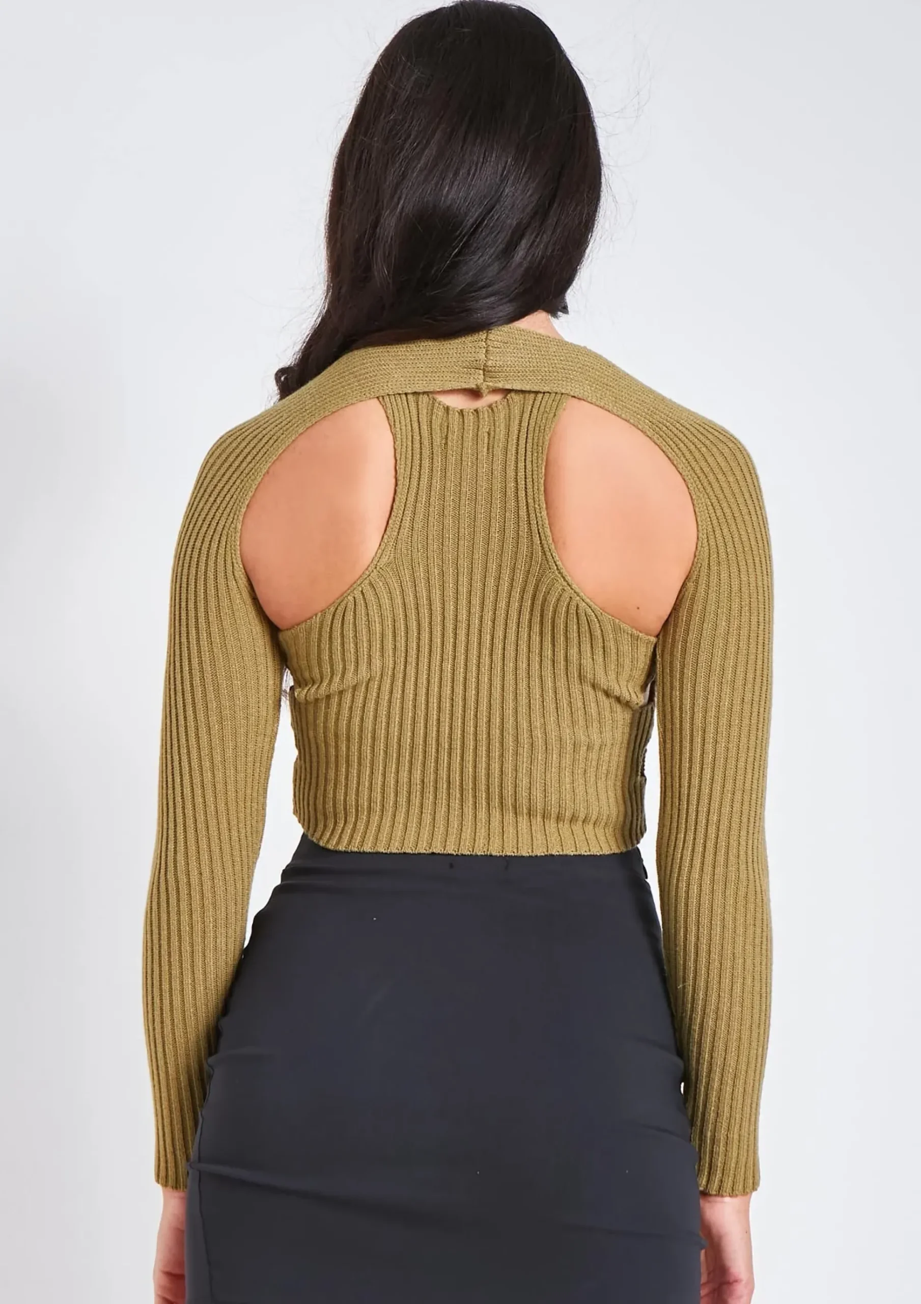 Elissa Khaki Ribbed Knit Crop Cut Out Top With Bolero^Missy Empire Sale