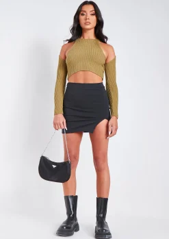 Elissa Khaki Ribbed Knit Crop Cut Out Top With Bolero^Missy Empire Sale