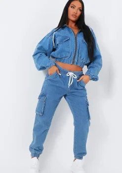 Eliza Mid Wash Denim Cargo Jeans^Missy Empire Best Sale