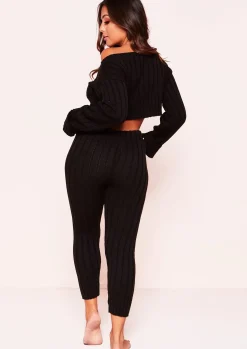 Cheap Ella Black Knit Cropped Loungewear Set Women Loungewear