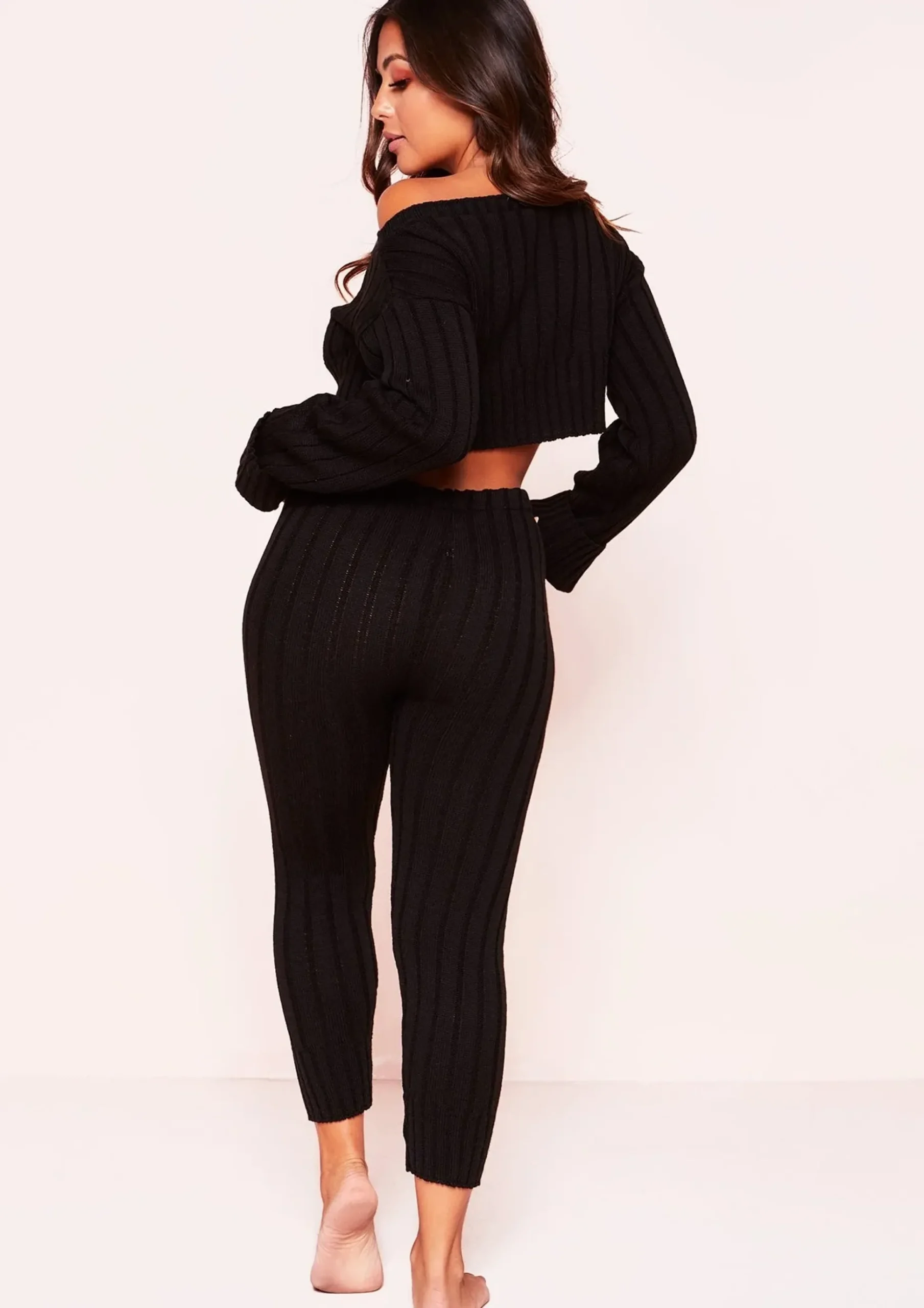 Cheap Ella Black Knit Cropped Loungewear Set Women Loungewear