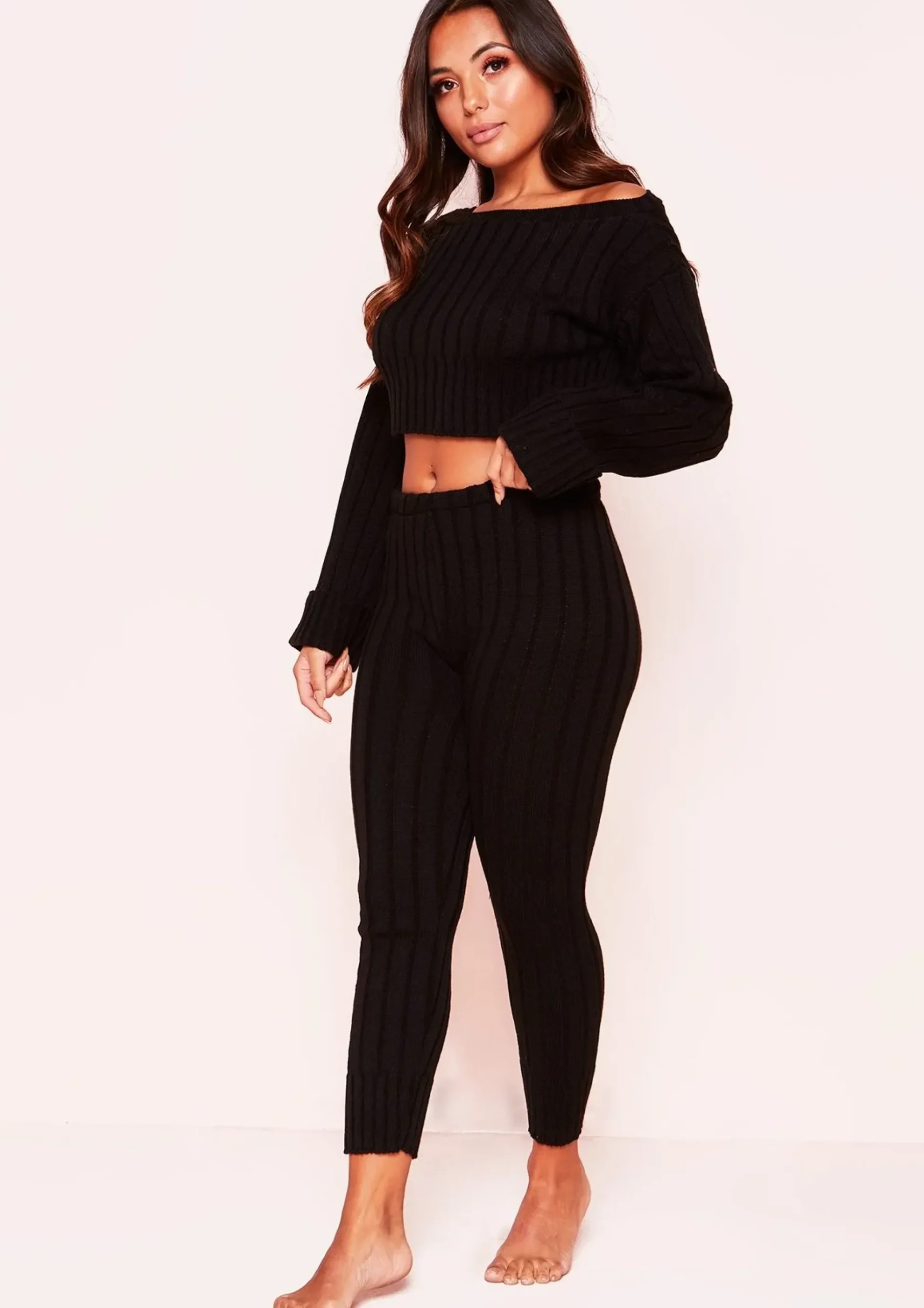 Cheap Ella Black Knit Cropped Loungewear Set Women Loungewear