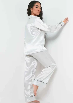Shop Ella White Satin Wide Leg Pyjama Set Women Nightwear