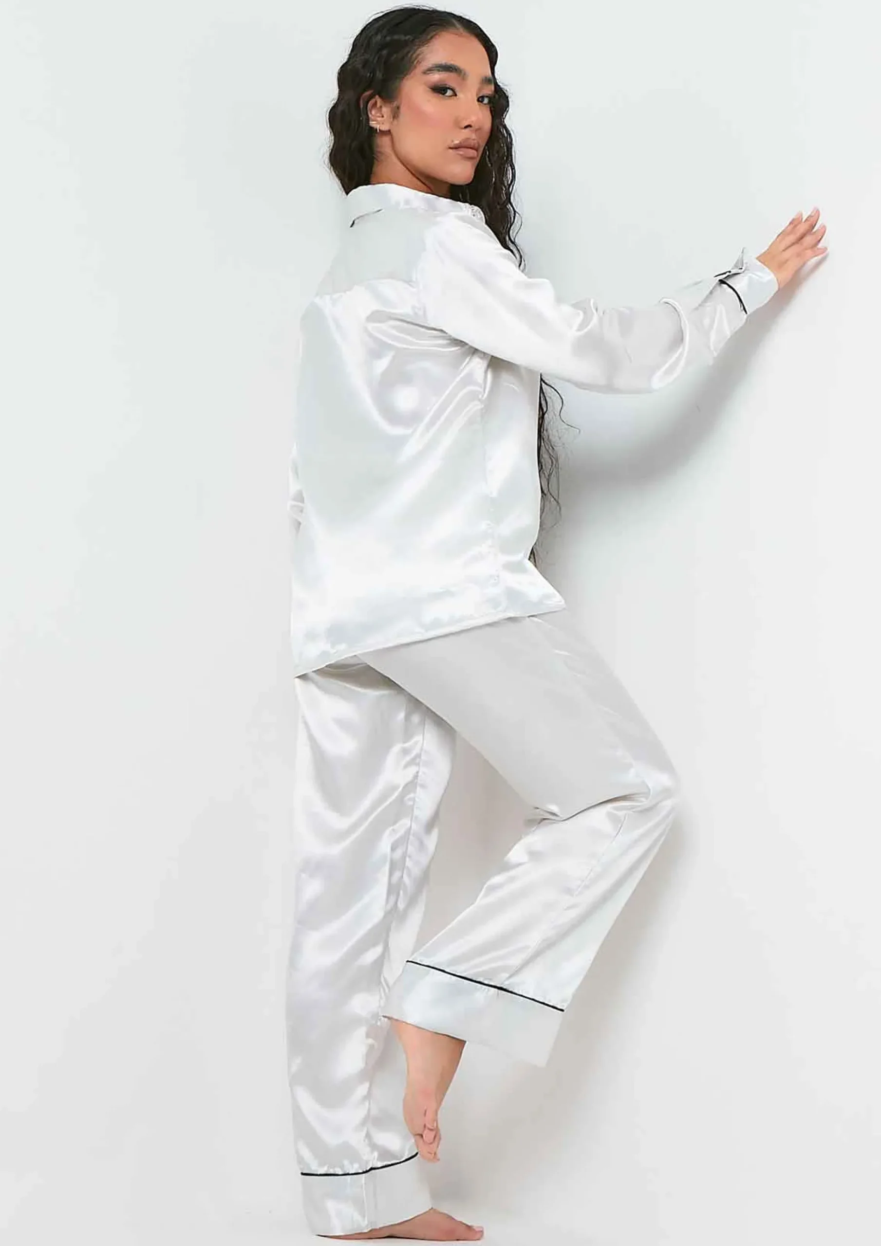 Shop Ella White Satin Wide Leg Pyjama Set Women Nightwear