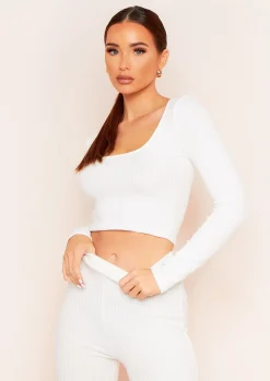 Ella Cream Brushed Rib Long Sleeve Square Neck Crop Top^Missy Empire Sale