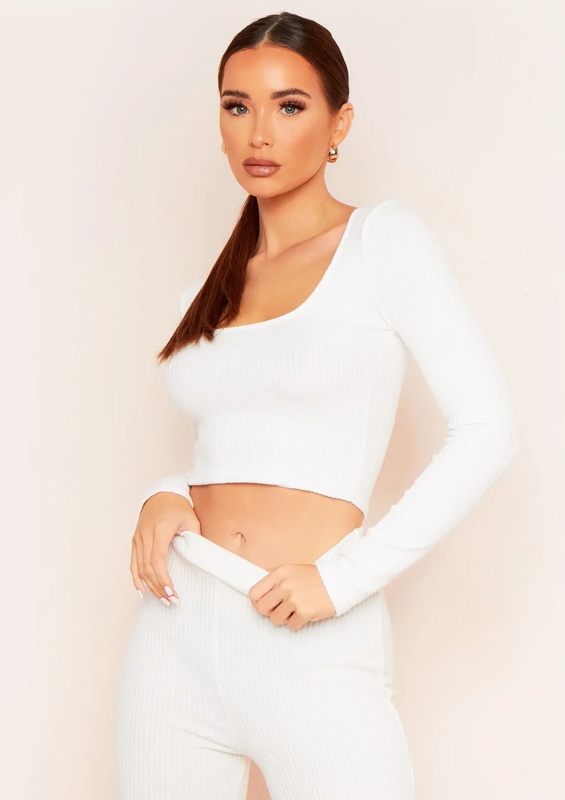 Ella Cream Brushed Rib Long Sleeve Square Neck Crop Top^Missy Empire Sale