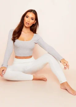 Ella Grey Brushed Rib Long Sleeve Square Neck Crop Top^Missy Empire Shop
