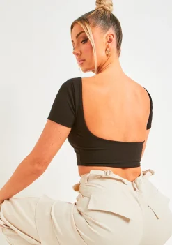 Elle Black Premium Sculpt Backless Crop Top^Missy Empire Sale