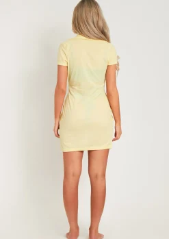 New Elle Lemon Brushed Rib Ruched Cap Sleeve Mini Dress Women Dresses
