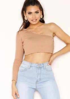 Store Ellie Beige Ribbed Frill One Shoulder Crop Top Women Basics