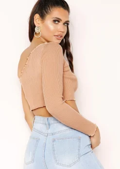 Store Ellie Beige Ribbed Frill One Shoulder Crop Top Women Basics