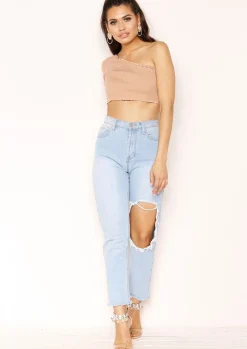 Store Ellie Beige Ribbed Frill One Shoulder Crop Top Women Basics