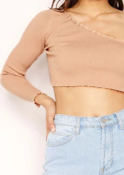 Store Ellie Beige Ribbed Frill One Shoulder Crop Top Women Basics