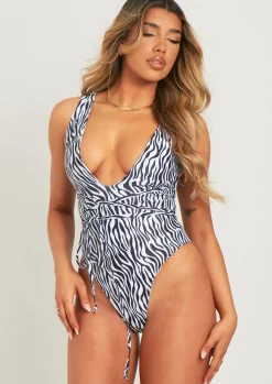 Elsie Zebra Print Plunge Swimsuit^Missy Empire Flash Sale