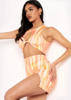 Emilia Orange Stripe Print High Neck Cut Out Crop Top^Missy Empire Best Sale